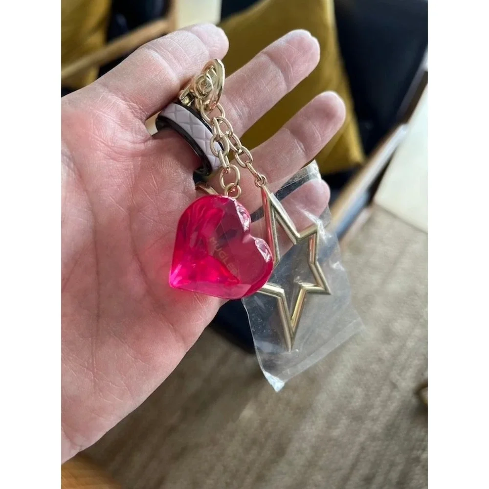 MUGLER Pink Heart and Gold Star Bag Charm Keychain Designer Accessory
